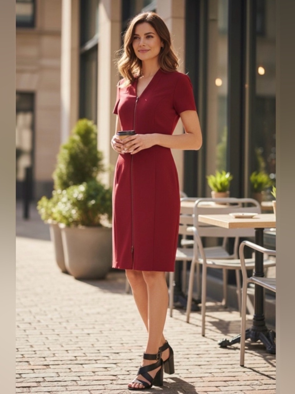 Lafayette 148 New York Red Zip Front Dress Size 8 Pockets